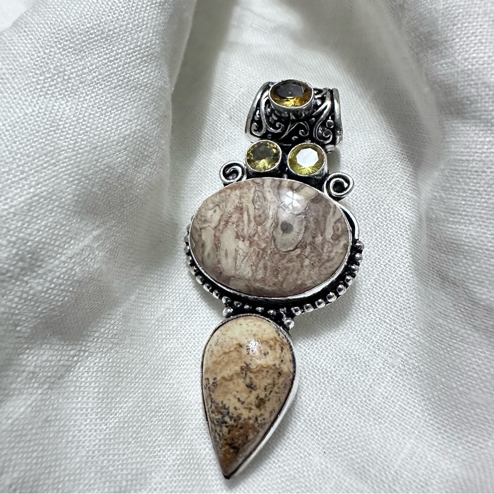 Handcrafted Artisan Jewelry Beige Picture Jasper Pendant with Citrine Accents - Picture 8 of 14